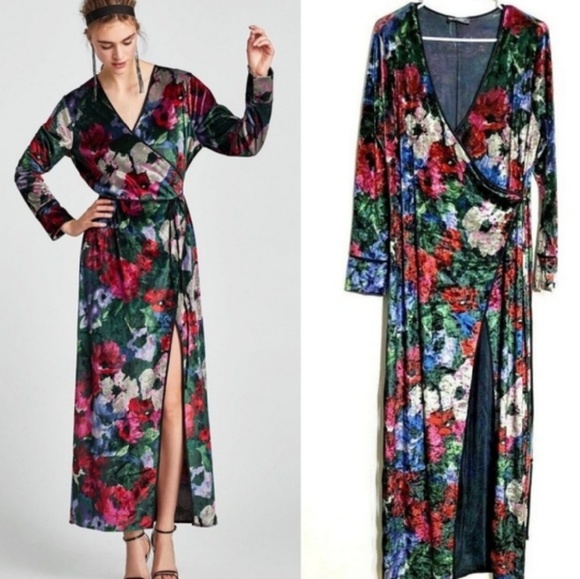 Zara Dresses & Skirts - Zara Velvet Floral Wrap Dress
